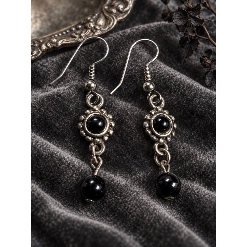 Vintage Y2K Silver Tone Black Bead Cabochon Boho Drop Dangle Earrings 1990s